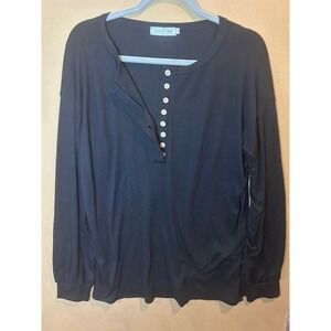 TOPSTYPE Henley Top Womens Large Black Excellent Long Sleeve Button Front Ribbed